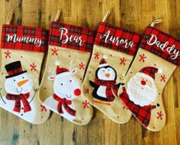 Personalised Christmas Stockings. Red Tartan Hessian Stocking. Name Santa, Reindeer, Penguin Stockings, Gingham - thumbnail 1