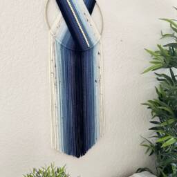 Blue Yarn Wall Hanging, Wooden Beads, Boho Bedroom Decor - thumbnail 3