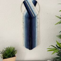 Blue Yarn Wall Hanging, Wooden Beads, Boho Bedroom Decor - thumbnail 4
