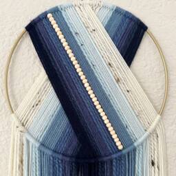 Blue Yarn Wall Hanging, Wooden Beads, Boho Bedroom Decor - thumbnail 2