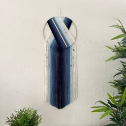 Blue Yarn Wall Hanging, Wooden Beads, Boho Bedroom Decor - thumbnail 1