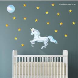 Unicorn Fabric Wall Decal Watercolor Moon & Stars, Reusable