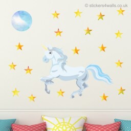 Unicorn Fabric Wall Decal Watercolor Moon & Stars, Reusable - thumbnail 2