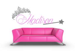 Princess Crown Wall Decal, Personalized Name Sign, Custom Tiara Art, Fairy Wand Decoration, Fairytale Room Decor, Royal Gift - thumbnail 1