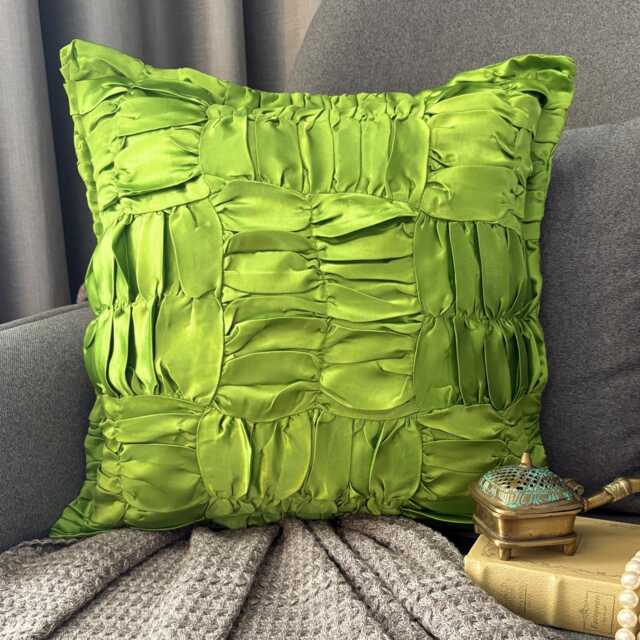 Clover Green Satin, Ruched Texture Solid Pattern, Contemporary Throw Pillow Cover/Euro Sham - Dreamy - image 1