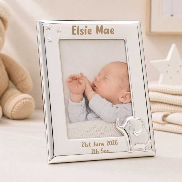 Personalised New Baby Photo Frame, Silver Elephant Motif, 4x6 - image 1