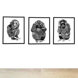 3 Petits Singes De La Sagesse/Three Wised Monkeys - Impression Art By Cracco, Animal Motifs, Print Patterns - Doodle Painting - thumbnail 1