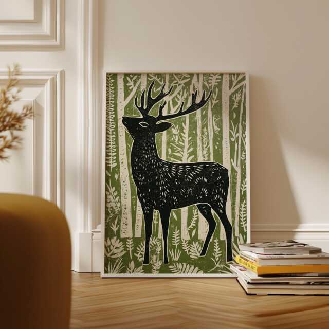 stag in Forest Poster, Japanese Woodblock Art Print - image 1