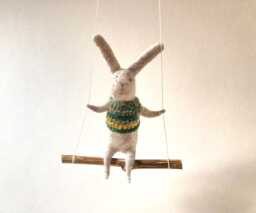 Gray Bunny On Swing, Needle Felted Animal, Nursery Decor, Baby Crib Mobile, Soft Bunny Toy
