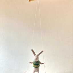 Gray Bunny On Swing, Needle Felted Animal, Nursery Decor, Baby Crib Mobile, Soft Bunny Toy - thumbnail 4