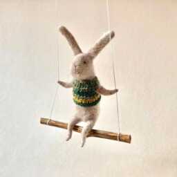 Gray Bunny On Swing, Needle Felted Animal, Nursery Decor, Baby Crib Mobile, Soft Bunny Toy - thumbnail 3