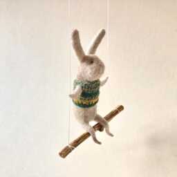 Gray Bunny On Swing, Needle Felted Animal, Nursery Decor, Baby Crib Mobile, Soft Bunny Toy - thumbnail 2