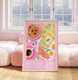 Pink Breakfast Club Print Poster, Coffee Wall Art, Retro Trendy Art Kitchen Prints, Decor Food 2446 - thumbnail 1