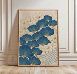Blue Botanical Poster Print - Japanese Ginkgo Wave Wall Art Teal Nature Illustration Decor - thumbnail 1