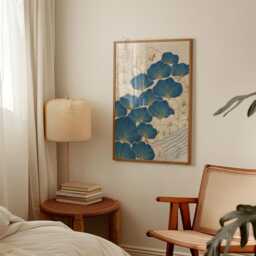Blue Botanical Poster Print - Japanese Ginkgo Wave Wall Art Teal Nature Illustration Decor - thumbnail 2