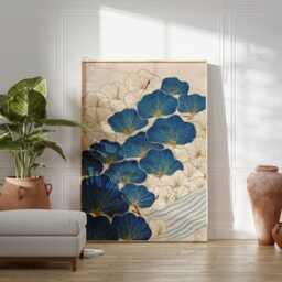 Blue Botanical Poster Print - Japanese Ginkgo Wave Wall Art Teal Nature Illustration Decor - thumbnail 3