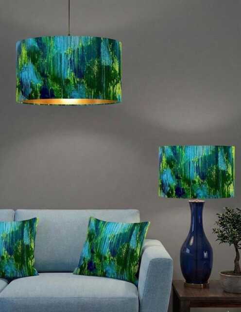 Handmade By Order Luxurious Abstract Blue Yellow Green Water Paint Art Drum Velvet Lamp Shade Pendant Light All Sizes & Shapes - image 1