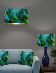 Handmade By Order Luxurious Abstract Blue Yellow Green Water Paint Art Drum Velvet Lamp Shade Pendant Light All Sizes & Shapes - thumbnail 1