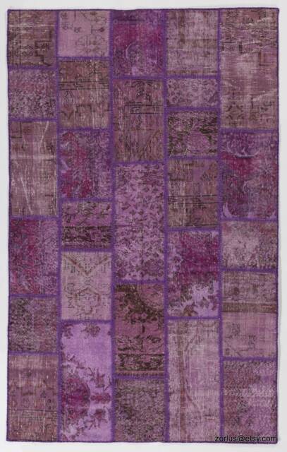 Handmade Turkish Patchwork Rug Purple Wool, 5' X 8' - image 1