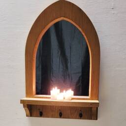 Gothic Arch English Oak Solid Hardwood Wooden Wall Mirror With Key Coat Hooks 65.5 cm - thumbnail 2