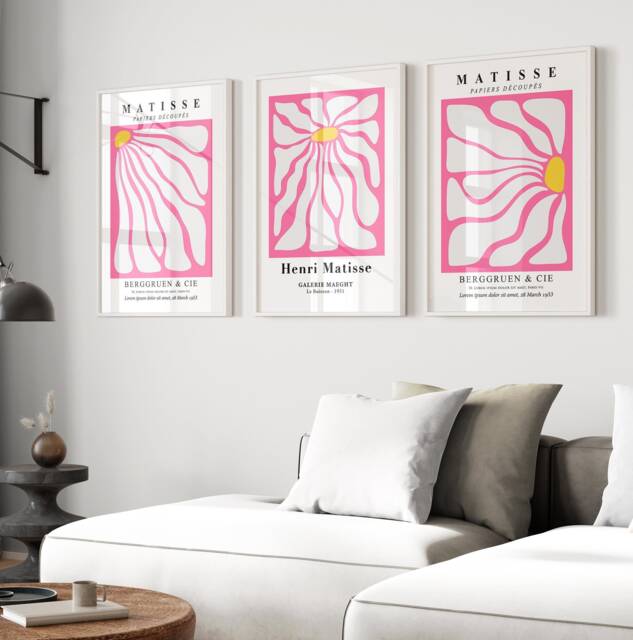Henri Matisse Set Of 3 Pink Flower Portrait Prints, Abstract Hippy Colours, Boho, Modern, Gallery Wall Art, Living Room/Bedroom Decor - image 1