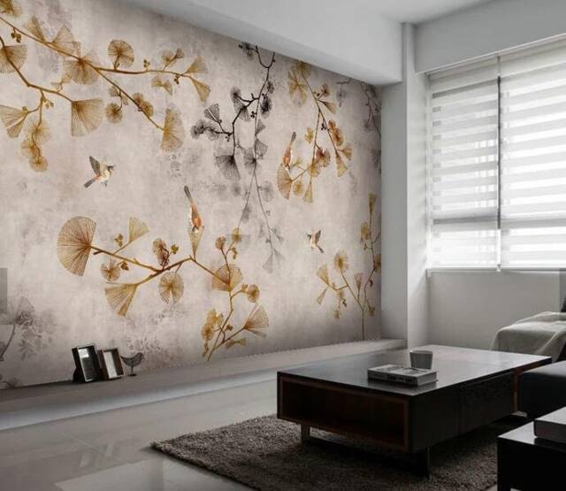 Ginkgo Leaf Wallpaper, Bird Branch Wall Mural, Chinese Style, Peel & Stick - image 1