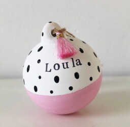 Hand Painted Personalised Dusky Pink Dalmatian Ceramic Bauble, Tassel Round Bauble