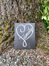 Family Sign, Rustic Wood Farmhouse Wall Hanging, Bride & Groom Wedding Gift, Wooden Heart Plaque, Housewarming Photo Props - thumbnail 1