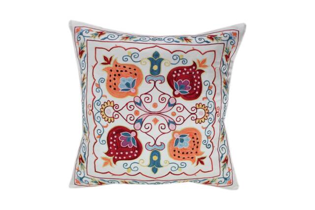 Hand-Embroidered Silk Suzani Pillow Cover - image 1