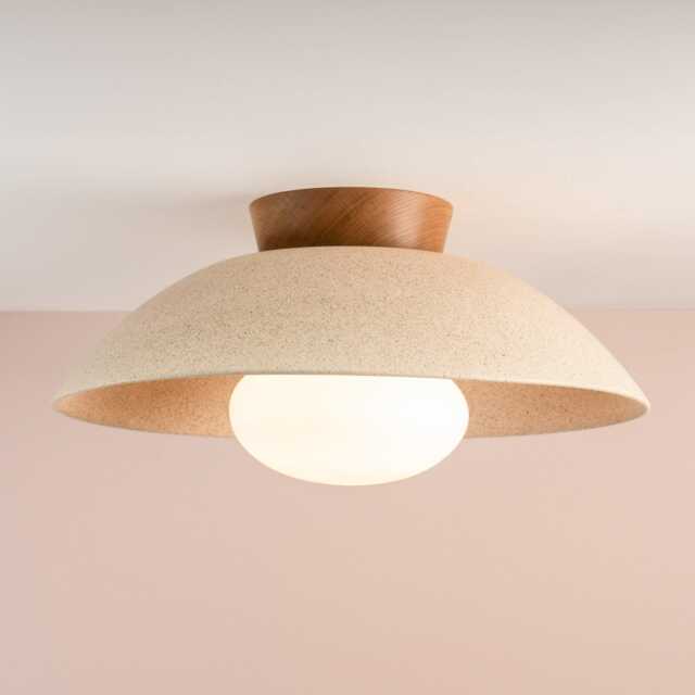 Speckled Cream Matt Xl Dawn Flush Mount Ceiling Light in Ceramic & Oak - image 1
