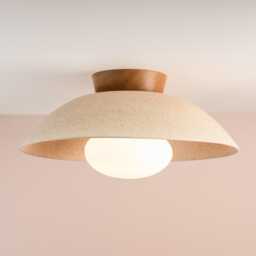 Speckled Cream Matt Xl Dawn Flush Mount Ceiling Light in Ceramic & Oak - thumbnail 1