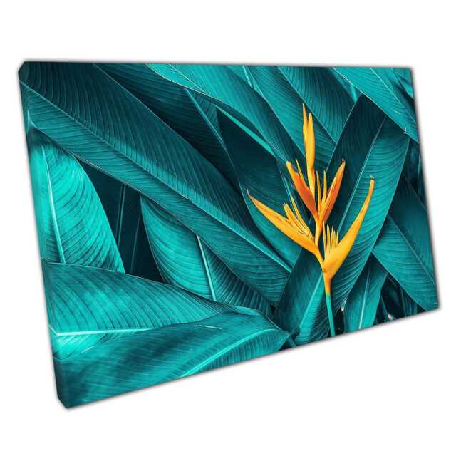 Exotic Yellow Flower Canvas Art Dark Teal Foliage Print For Home & Office Wall Decor - image 1