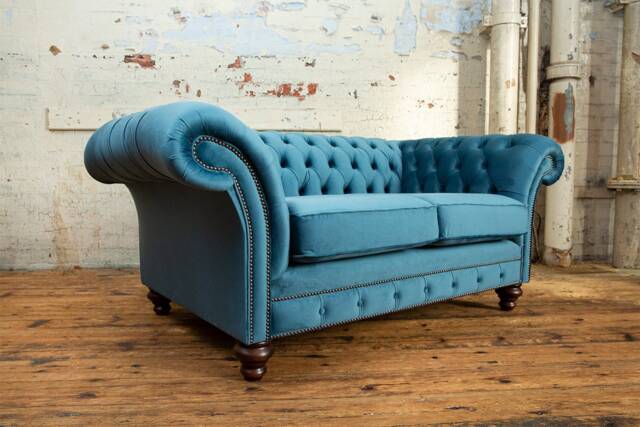 Unique British Handmade 2 Seater Chesterfield Sofa - Reflex Cushion Seat Metallic Teal Velvet - image 1