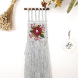 Embroidered Rose Wall Hanging Rustic Floral Woven Decor - thumbnail 2