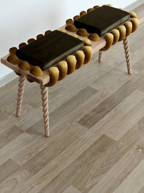 Long Bench, Wooden Bench in Camouflage Green & Mustard Yellow Cross Wavy Velvet Fabric, Living Room Bench, Coffee Table - image 1