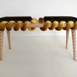 Long Bench, Wooden Bench in Camouflage Green & Mustard Yellow Cross Wavy Velvet Fabric, Living Room Bench, Coffee Table - thumbnail 2