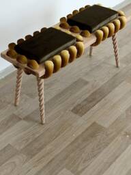Long Bench, Wooden Bench in Camouflage Green & Mustard Yellow Cross Wavy Velvet Fabric, Living Room Bench, Coffee Table - thumbnail 1