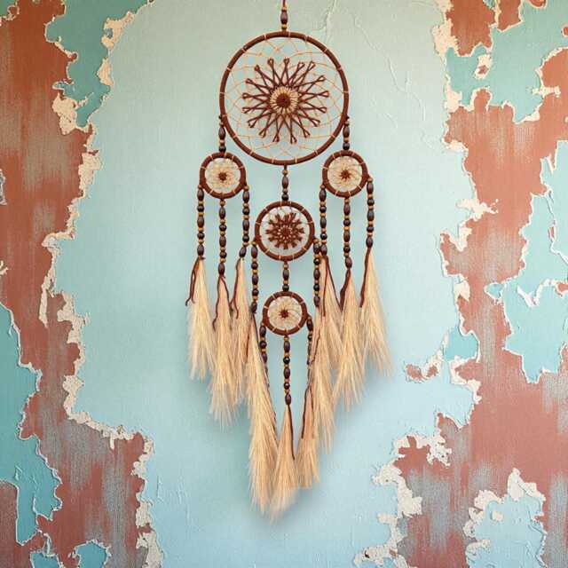 Boho Dreamcatcher Wall Hanging Earthy Brown Faux Feather Decor - image 1