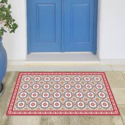 Linoleum Doormat With Spanish Tiles in Red & Blue. Vinyl Area Rug Door Mat Runner Floor Spanish Tile Design