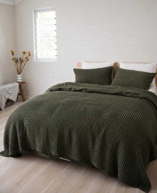 Dark Olive Waffle 100% Cotton Duvet Cover Set - image 1