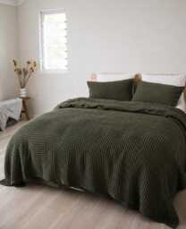 Dark Olive Waffle 100% Cotton Duvet Cover Set