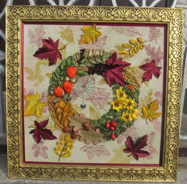Hand Embroidered Autumn Ribbon Wall Art, Hemp Fabric, 50x50cm - Unframed - image 1