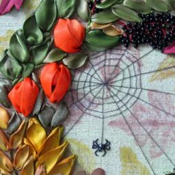 Hand Embroidered Autumn Ribbon Wall Art, Hemp Fabric, 50x50cm - Unframed - thumbnail 2