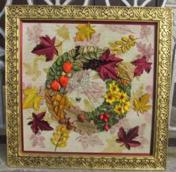 Hand Embroidered Autumn Ribbon Wall Art, Hemp Fabric, 50x50cm - Unframed - thumbnail 1