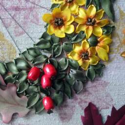 Hand Embroidered Autumn Ribbon Wall Art, Hemp Fabric, 50x50cm - Unframed - thumbnail 4