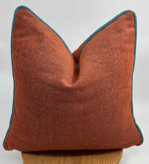 Brick Color Linen Throw Pillowcase With Turquoise Pipping, Terracotta Decorative Cushion Cover - image 1