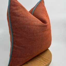 Brick Color Linen Throw Pillowcase With Turquoise Pipping, Terracotta Decorative Cushion Cover - thumbnail 2