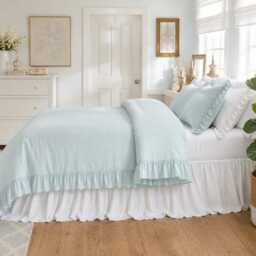 Mist Ocean Linen Duvet Cover Features Easy Flow Ruffles, Shabby Chic Bedding, Bedding - thumbnail 2