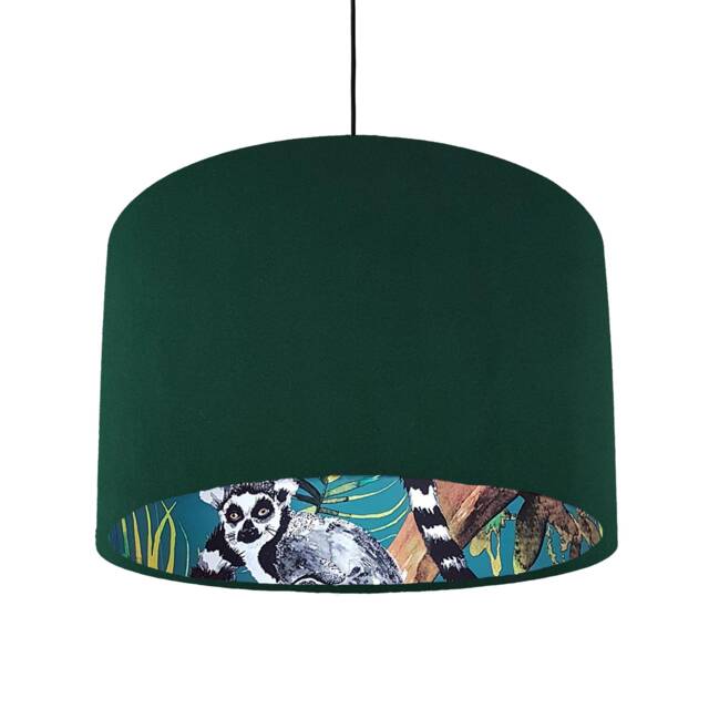 Green Velvet Lampshade With Teal Lemur Lining, Large Tropical Ceiling Lightshade - image 1