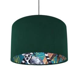 Green Velvet Lampshade With Teal Lemur Lining, Large Tropical Ceiling Lightshade